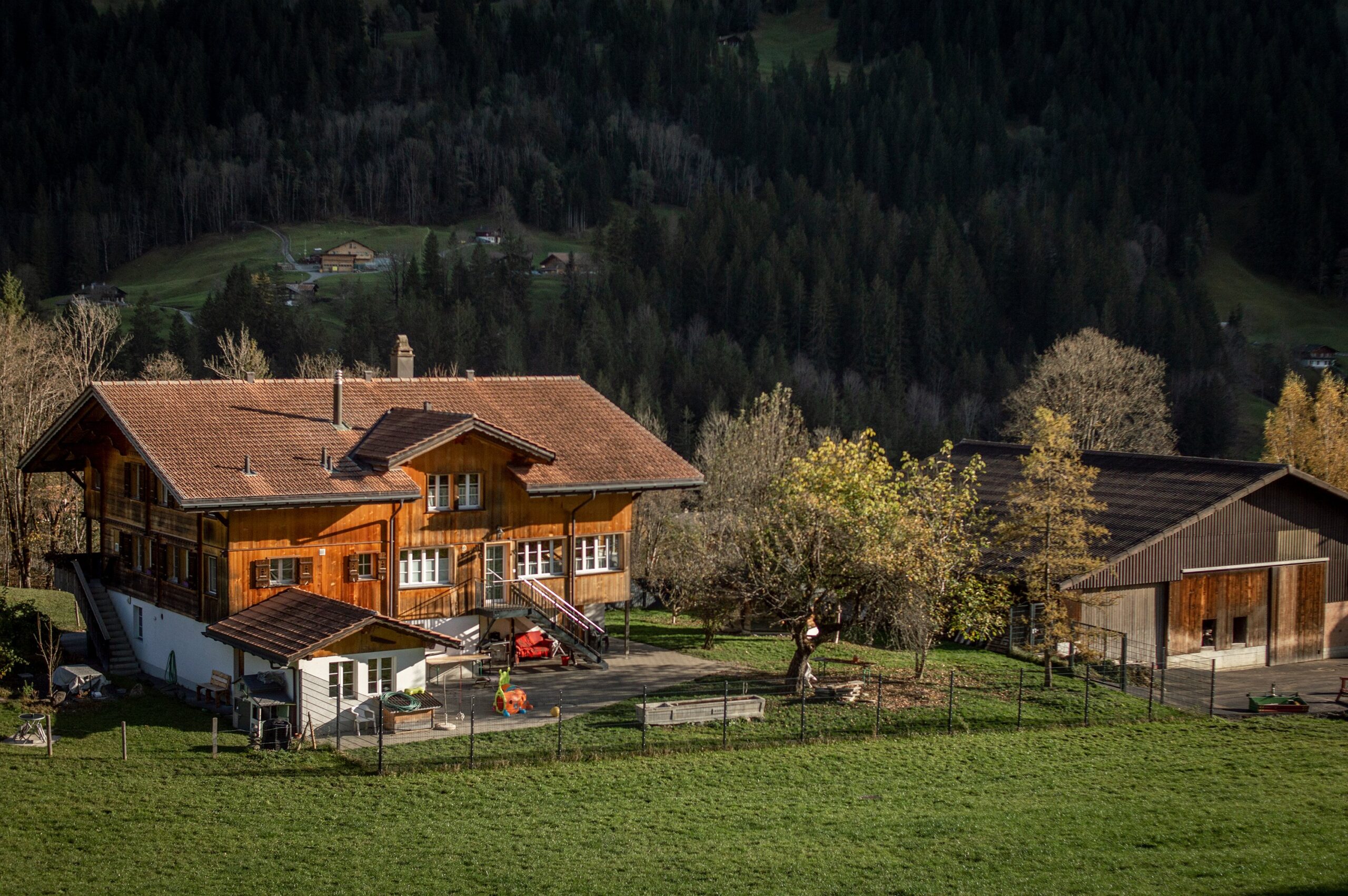 Scenic view of a traditional Swiss chalet in Grindelwald surrounded by lush greenery.